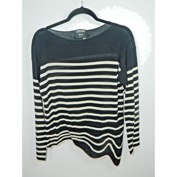 Jean Paul GAULTIER Sweater Medium‎ Blue White Striped Knit Asymmetric Wave Hem - Picture 5 of 8